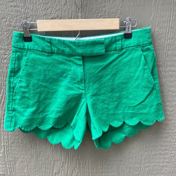 J. Crew Pants - J CREW Women's Kelly Green Linen/Cotton Blend Scalloped Hem‎ Shorts Size 2